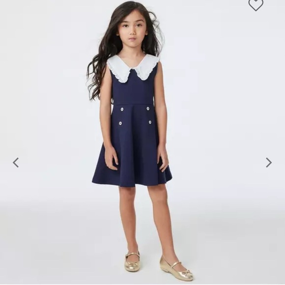 Janie and Jack Navy Blue and White Ruffle Collar Ponte Dress Girls Size 12 - Picture 2 of 7